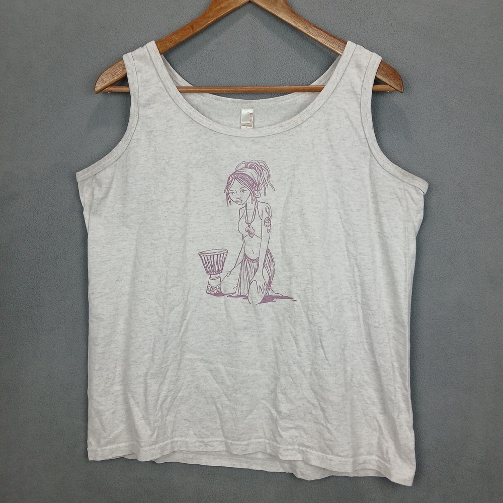 Anvil Wise Lion Tank Top Women's L Gray Graphic Girl Boho Festival Casual Summer